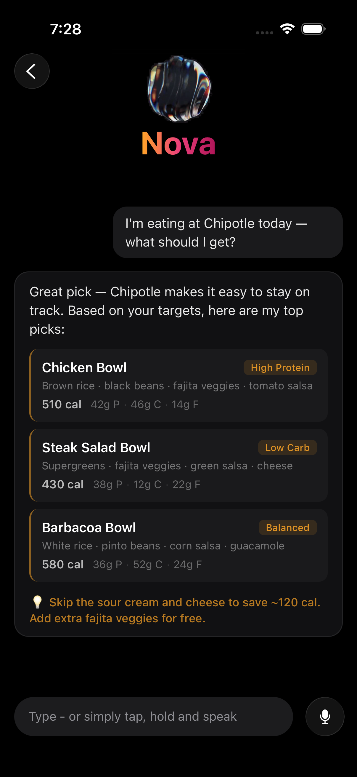 Nova recommending macro-matched meals at Chipotle — Chicken Bowl tagged High Protein, Steak Salad Bowl tagged Low Carb