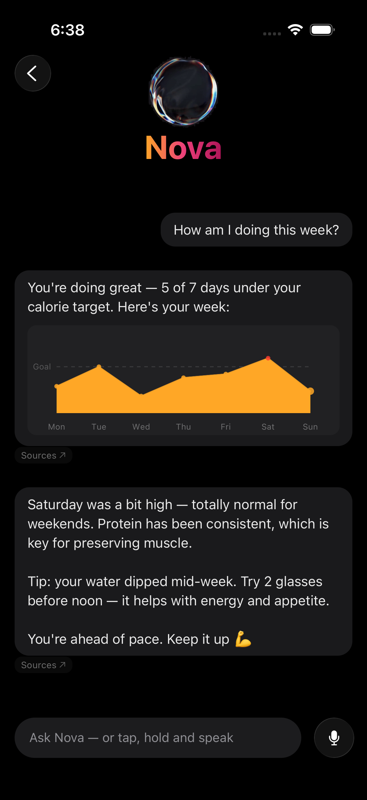 Nova AI Coach analyzing your weekly nutrition with personalized insights and trend chart